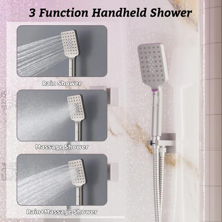 12" Flush Mounted Luxury Thermostatic Rainfall Shower System with LED and 6 Body Jets