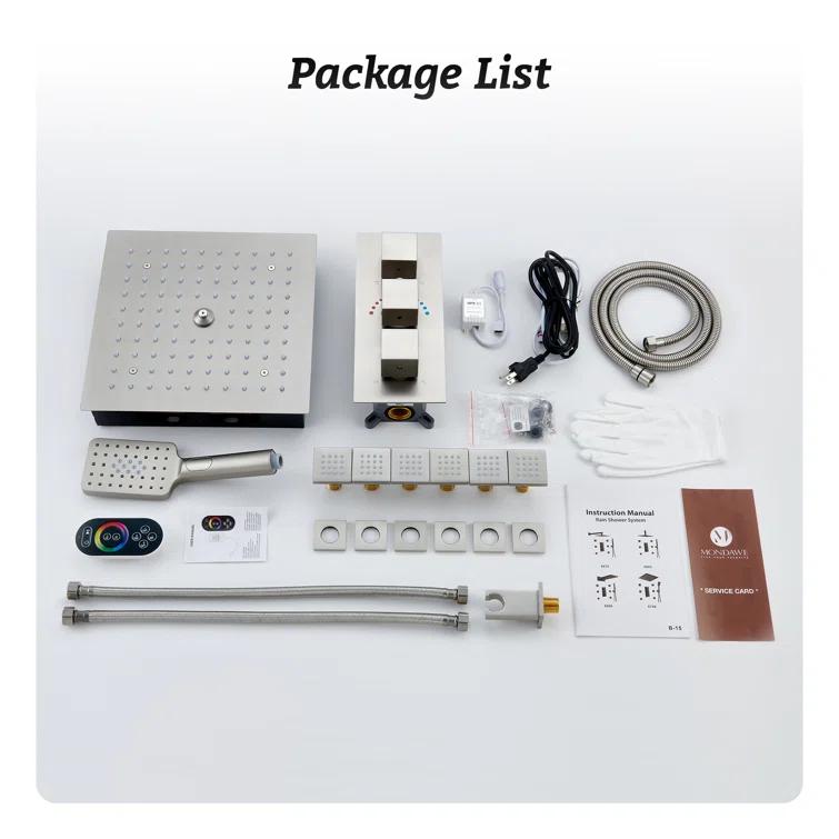 12" Flush Mounted Luxury Thermostatic Rainfall Shower System with LED and 6 Body Jets