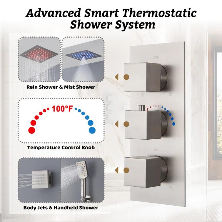 12" Flush Mounted Luxury Thermostatic Rainfall Shower System with LED and 6 Body Jets