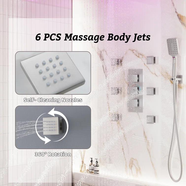 12" Flush Mounted Luxury Thermostatic Rainfall Shower System with LED and 6 Body Jets