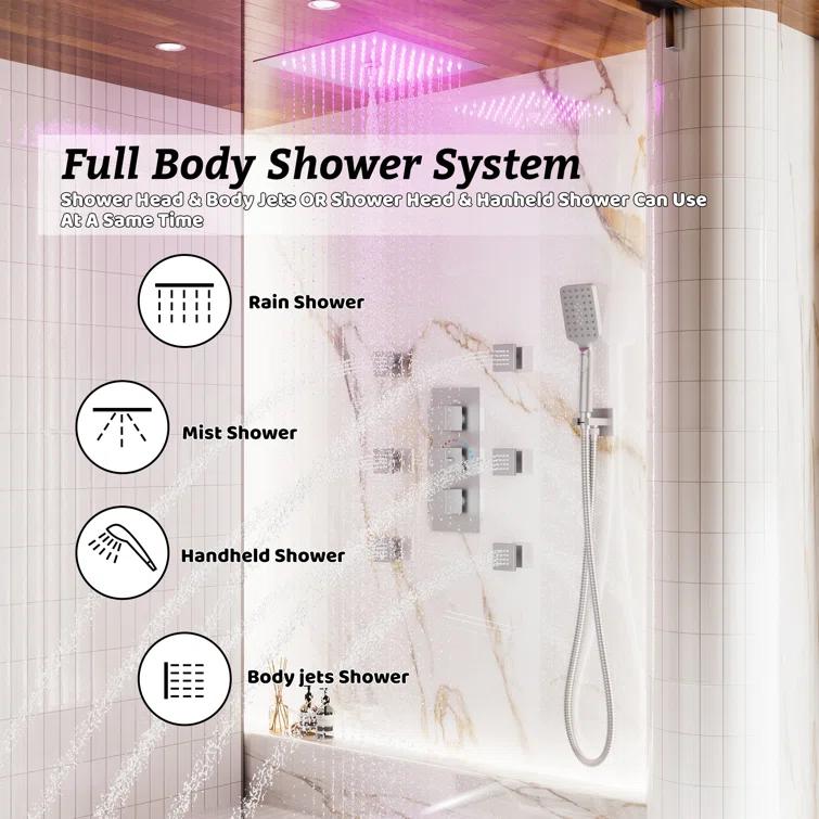 12" Flush Mounted Luxury Thermostatic Rainfall Shower System with LED and 6 Body Jets