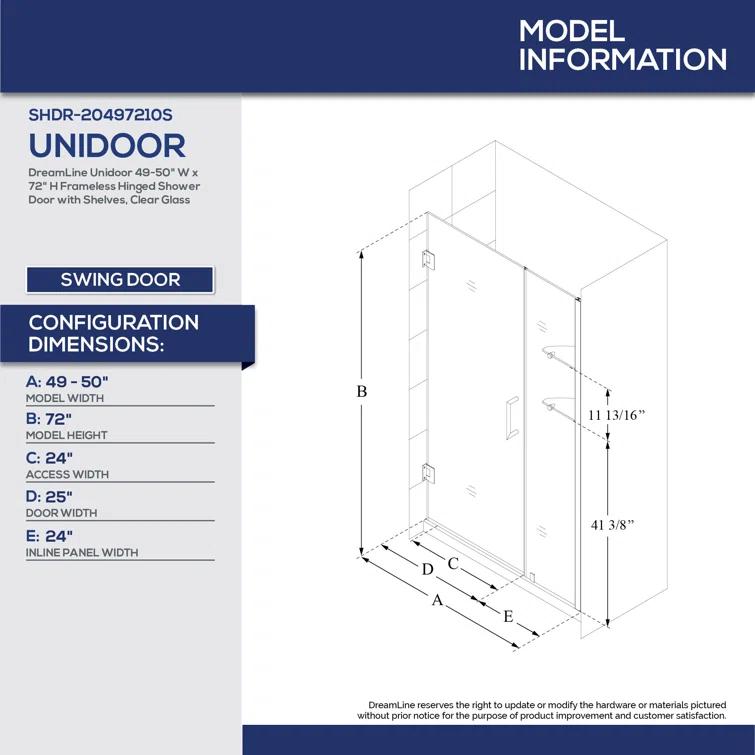Unidoor 41" W x 72" H Hinged Frameless Shower Door with Clearmax™ Technology