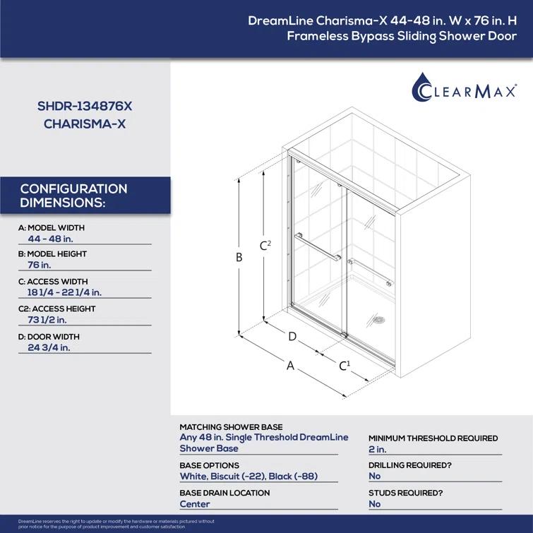 Charisma-X 44" W x 76'' H Bypass Semi-Frameless Shower Door with ClearMax Glass Treatment Technology