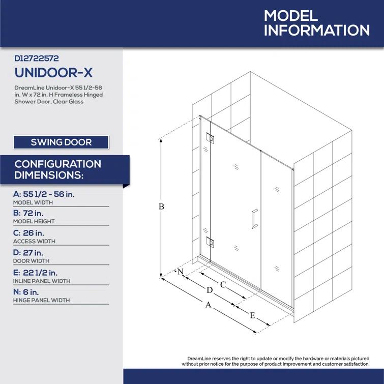 Unidoor-X 55.5" W x 72" H Frameless Shower Door with Fixed Panel