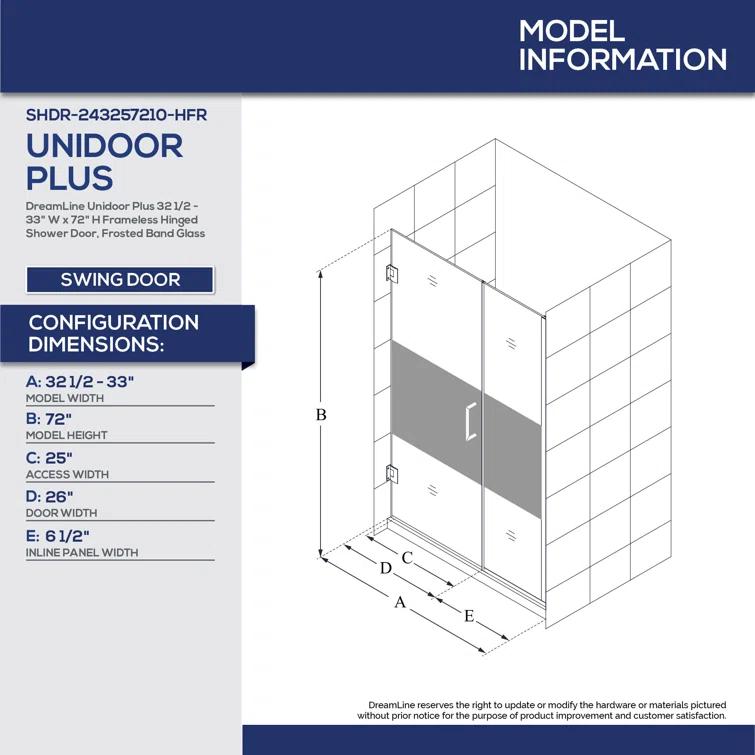 DreamLine Unidoor Plus 52" W x 72" H Pivot Frameless Shower Door with ClearMax™ Technology SHDR-243257210-04