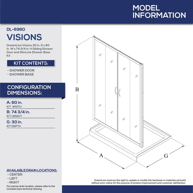 Visions 60" W x 74.75" Semi-Frameless Shower Encolusure