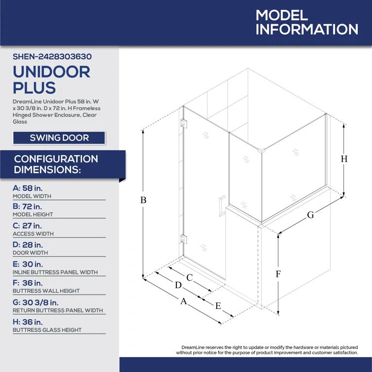 Unidoor Plus 58" W x 30.375" D x 72" H Frameless Pivot Rectangle Shower Enclosure with Fixed Panel