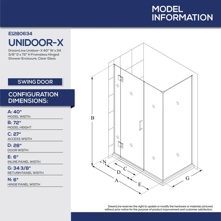 Unidoor-X 40" x 72" Hinged Frameless Shower Door with ClearMax™ Technology