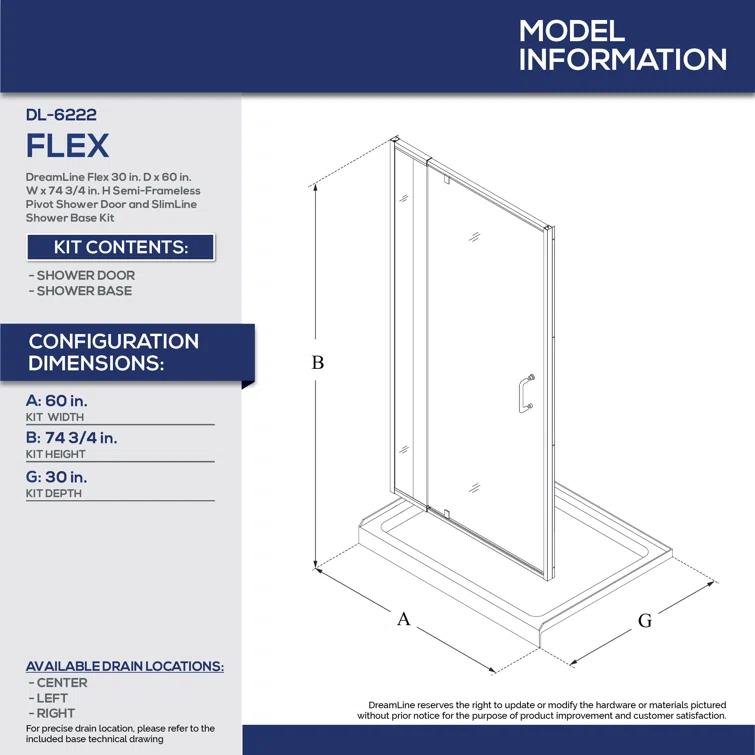 Flex 60" W x 30" D x 74.75" H Semi-Frameless Rectangle Pivot Shower Enclosure with Base Included
