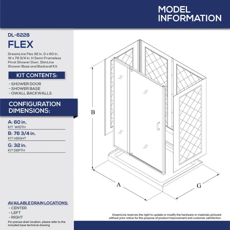 Flex 60" x 76.75" Pivot Semi-Frameless Shower Door