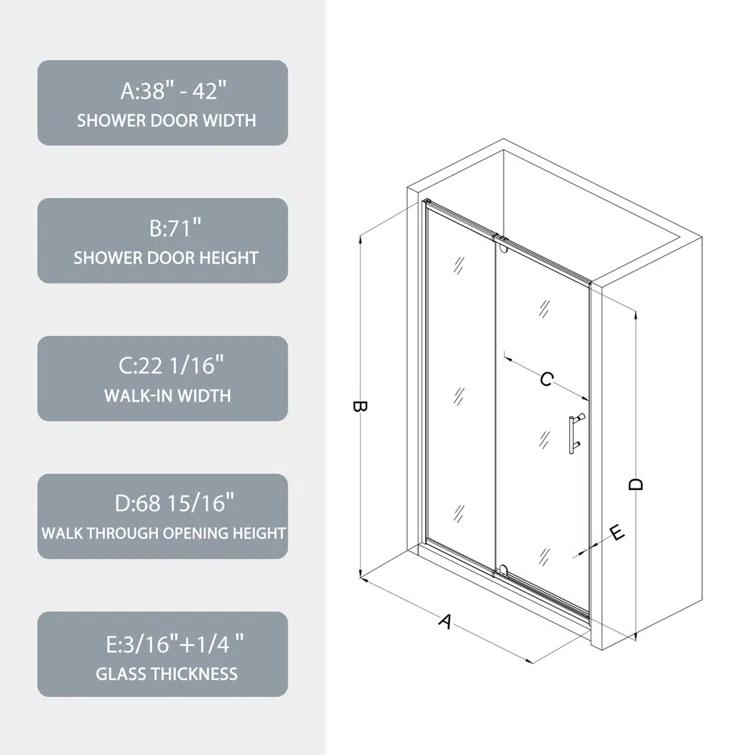 38-42" W x 71" H Flush Glass Shower Door Reversible Installation