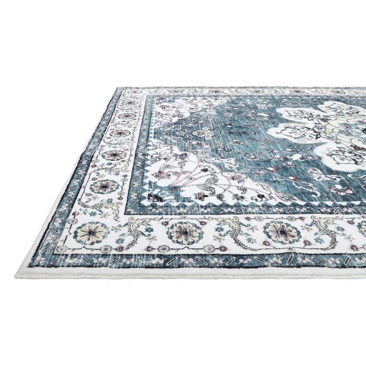Polyester Machine Washable Blue Oriental Area Rug