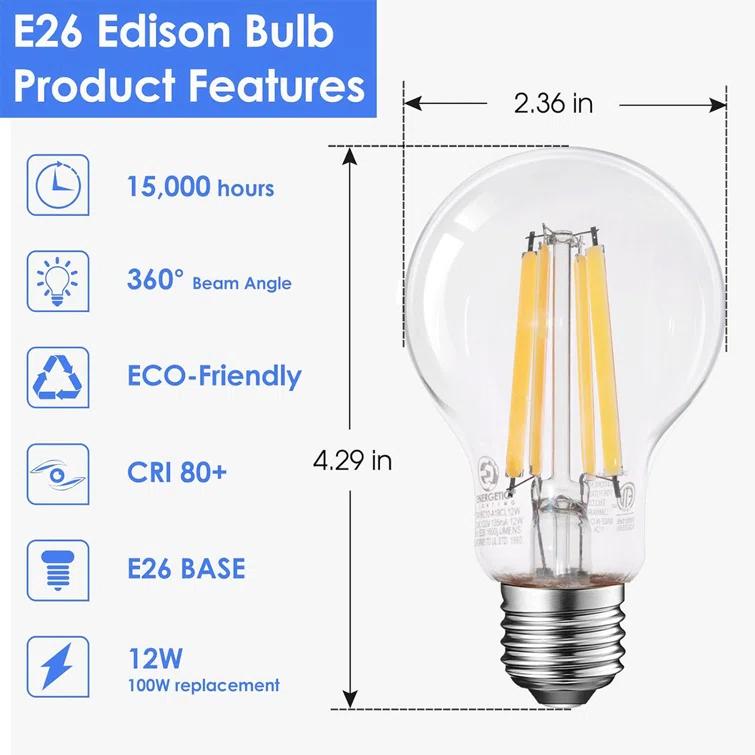 A19 LED Edison Light Bulb 12W Equivalent 100W Dimmable 1600lm 2700K Soft White