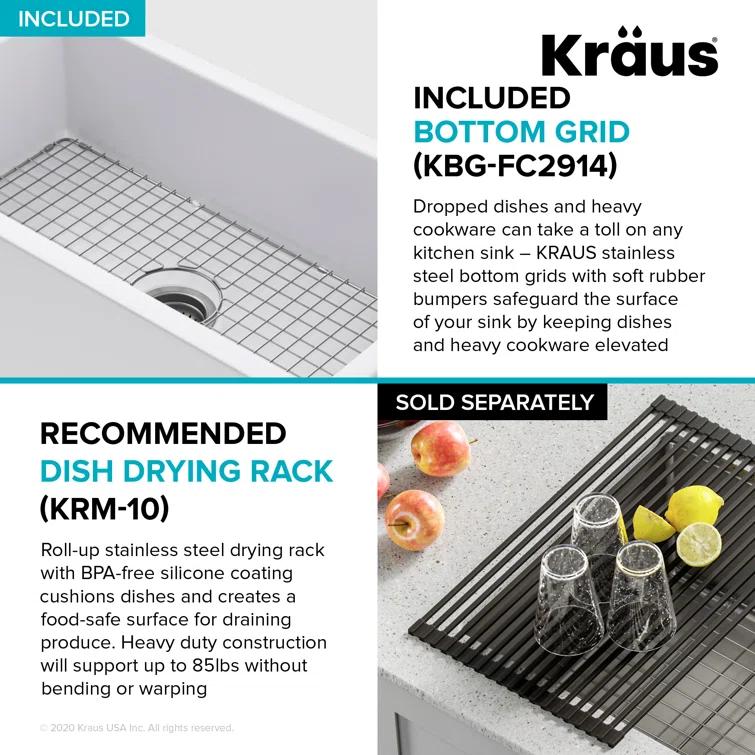 KRAUS Turino™ Reversible 33-inch L Fireclay Farmhouse Flat Apron Front Single Bowl Kitchen Sink with Bottom Grid