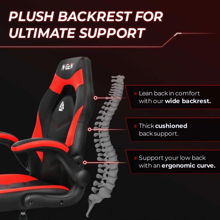 N-GEN Adjustable Ergonomic Faux Leather Swiveling PC & Racing Game Office Desk Chair with Flip-Up Arms