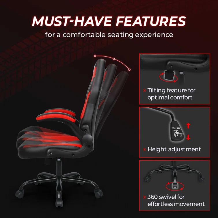 N-GEN Adjustable Ergonomic Faux Leather Swiveling PC & Racing Game Office Desk Chair with Flip-Up Arms