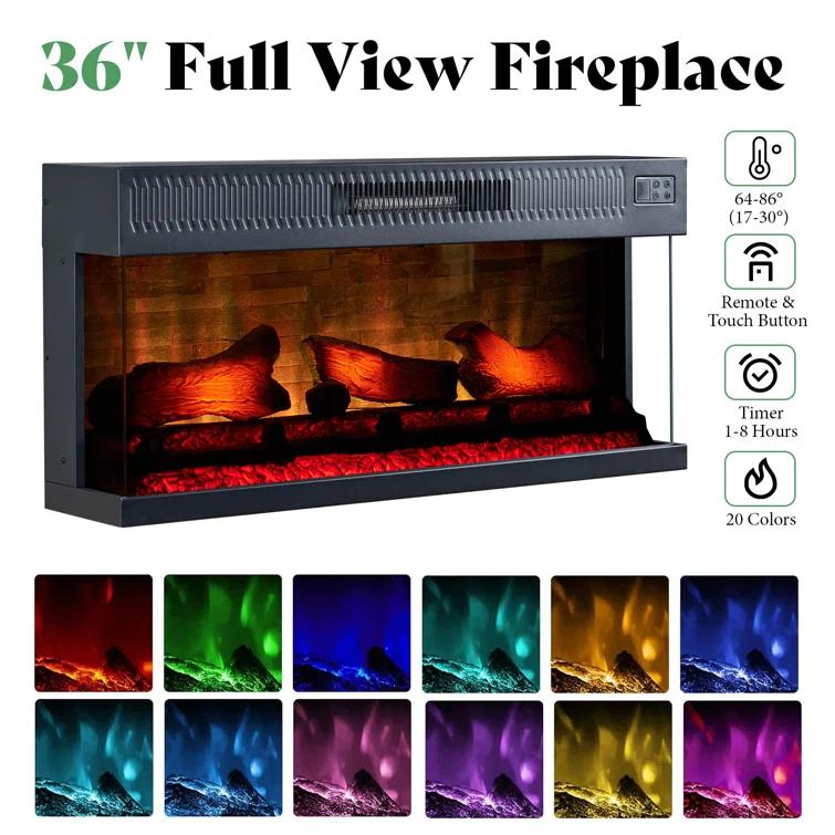 Alvilda 75" Farmhouse TV Stand with 36'' 3-Sided Glass Fireplace, 2 Drawers & Doors Closed Storage