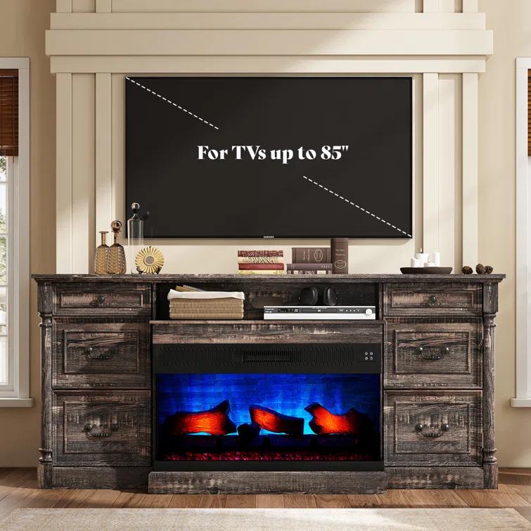 Alvilda 75" Farmhouse TV Stand with 36'' 3-Sided Glass Fireplace, 2 Drawers & Doors Closed Storage