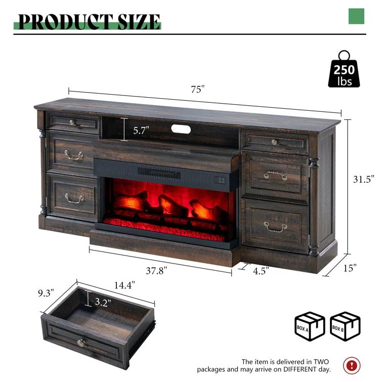 Alvilda 75" Farmhouse TV Stand with 36'' 3-Sided Glass Fireplace, 2 Drawers & Doors Closed Storage