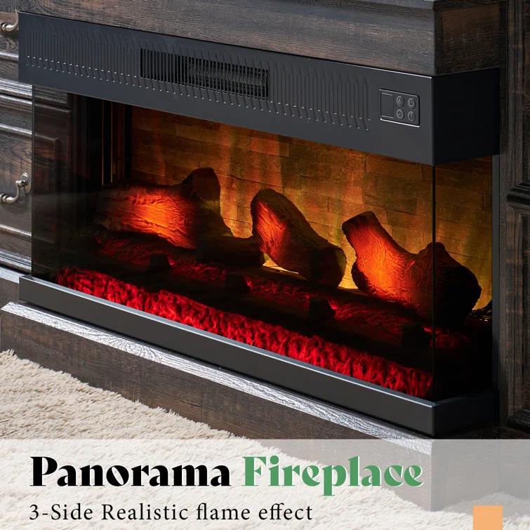 Alvilda 75" Farmhouse TV Stand with 36'' 3-Sided Glass Fireplace, 2 Drawers & Doors Closed Storage