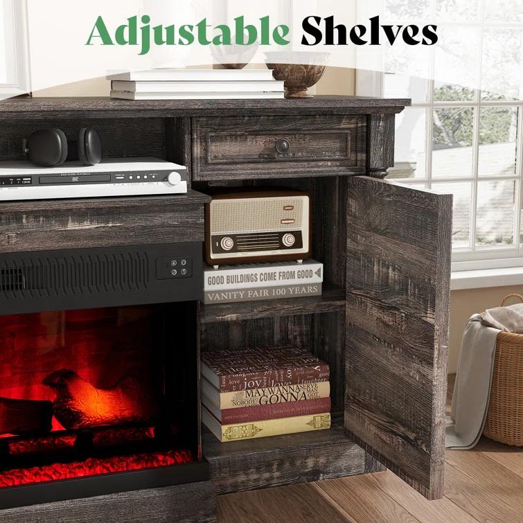 Alvilda 75" Farmhouse TV Stand with 36'' 3-Sided Glass Fireplace, 2 Drawers & Doors Closed Storage
