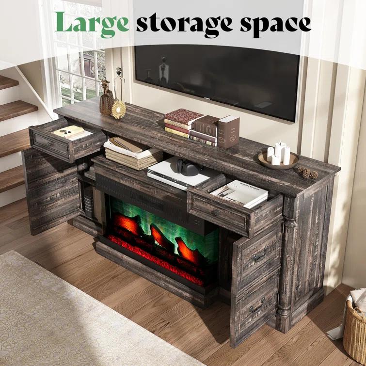 Alvilda 75" Farmhouse TV Stand with 36'' 3-Sided Glass Fireplace, 2 Drawers & Doors Closed Storage