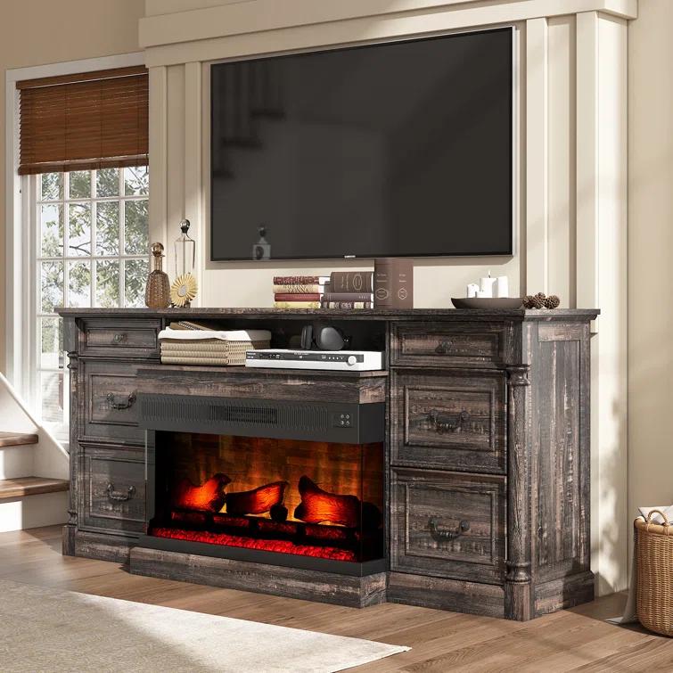 Alvilda 75" Farmhouse TV Stand with 36'' 3-Sided Glass Fireplace, 2 Drawers & Doors Closed Storage