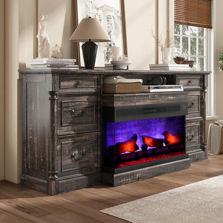 Alvilda 75" Farmhouse TV Stand with 36'' 3-Sided Glass Fireplace, 2 Drawers & Doors Closed Storage
