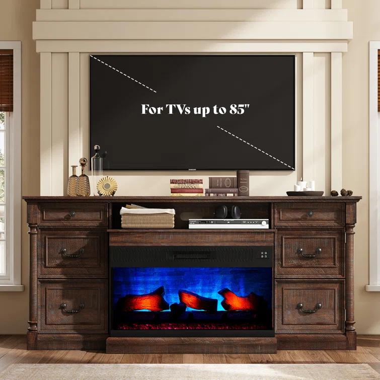 Alvilda 75" Farmhouse TV Stand with 36'' 3-Sided Glass Fireplace, 2 Drawers & Doors Closed Storage