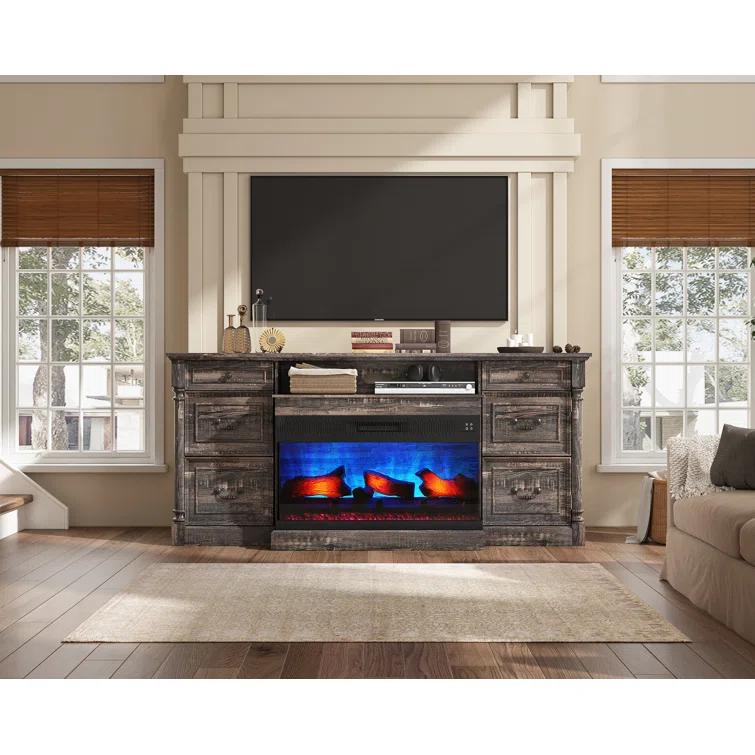 Alvilda 75" Farmhouse TV Stand with 36'' 3-Sided Glass Fireplace, 2 Drawers & Doors Closed Storage