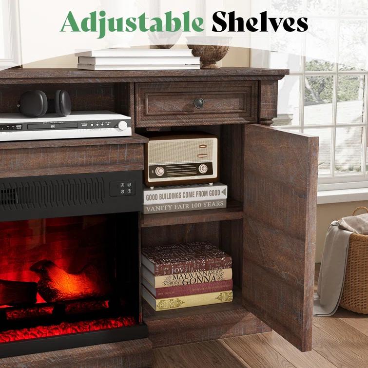 Alvilda 75" Farmhouse TV Stand with 36'' 3-Sided Glass Fireplace, 2 Drawers & Doors Closed Storage