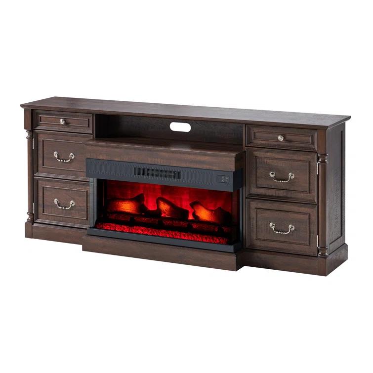 Alvilda 75" Farmhouse TV Stand with 36'' 3-Sided Glass Fireplace, 2 Drawers & Doors Closed Storage