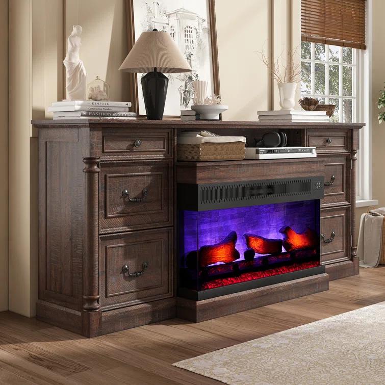 Alvilda 75" Farmhouse TV Stand with 36'' 3-Sided Glass Fireplace, 2 Drawers & Doors Closed Storage