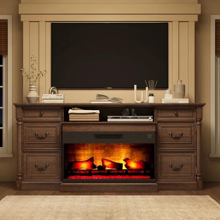 Alvilda 75" Farmhouse TV Stand with 36'' 3-Sided Glass Fireplace, 2 Drawers & Doors Closed Storage