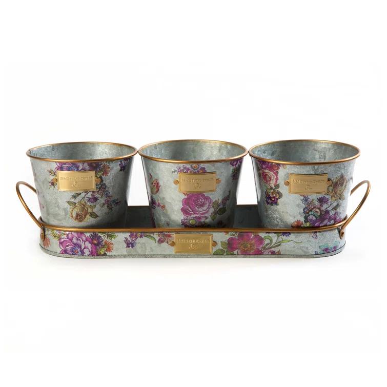 MacKenzie-Childs Flower Market Galvanized Herb Pots With Tray, Set Of 3
