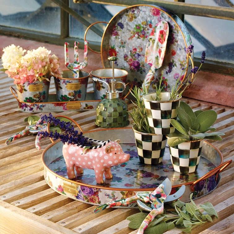 MacKenzie-Childs Flower Market Galvanized Herb Pots With Tray, Set Of 3