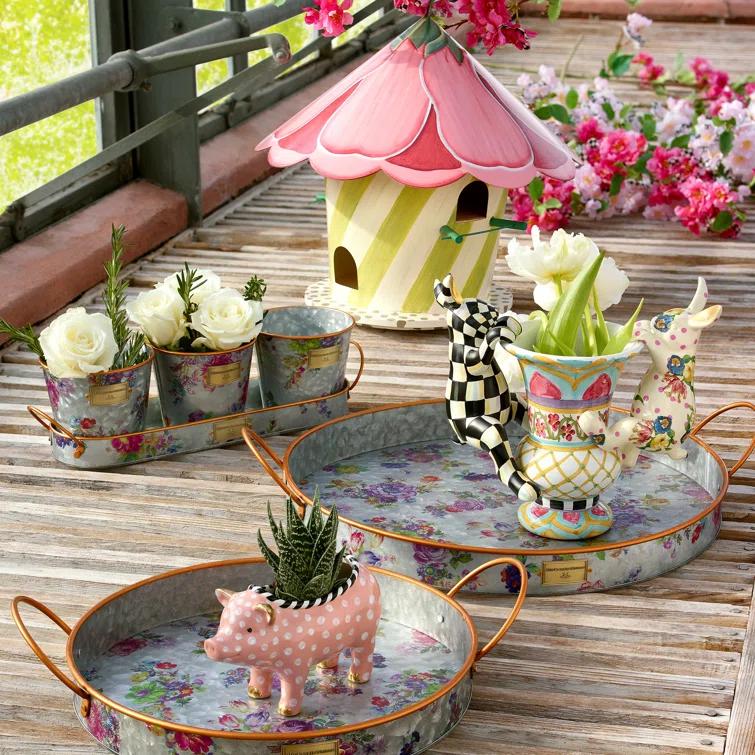 MacKenzie-Childs Flower Market Galvanized Herb Pots With Tray, Set Of 3