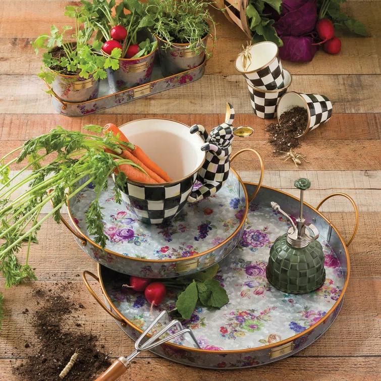 MacKenzie-Childs Flower Market Galvanized Herb Pots With Tray, Set Of 3