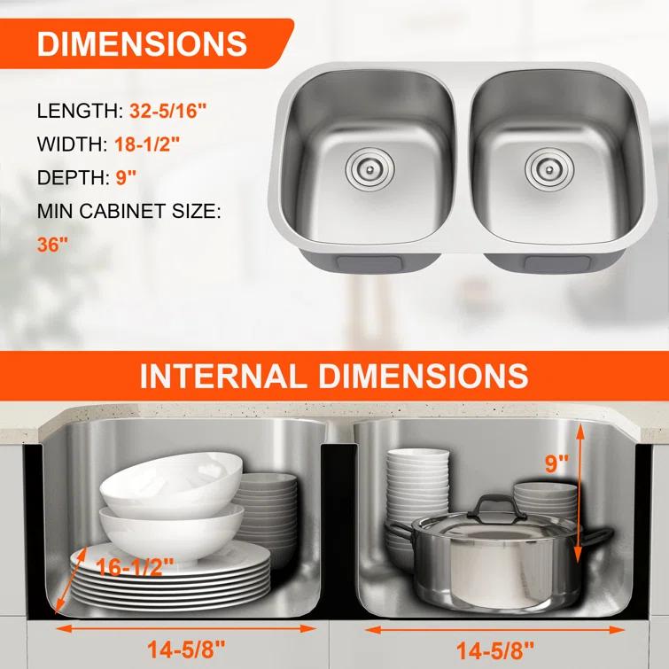 Blenzia 32 Inch Double Bowl Kitchen Sink 50/50 Undermount 304 Stainless Steel 18 Gauge 32" X 18" X 9"