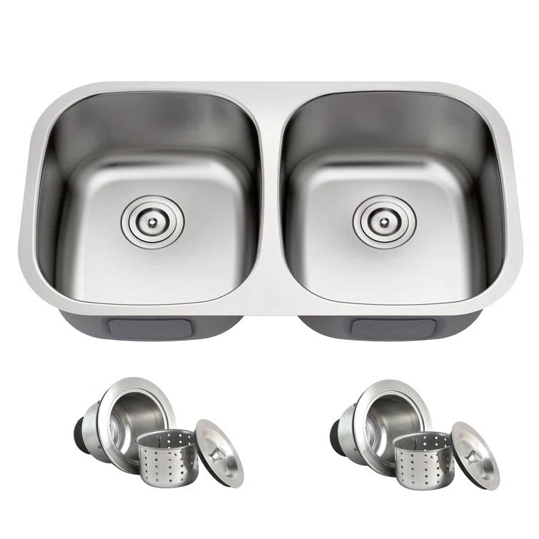 Blenzia 32 Inch Double Bowl Kitchen Sink 50/50 Undermount 304 Stainless Steel 18 Gauge 32" X 18" X 9"