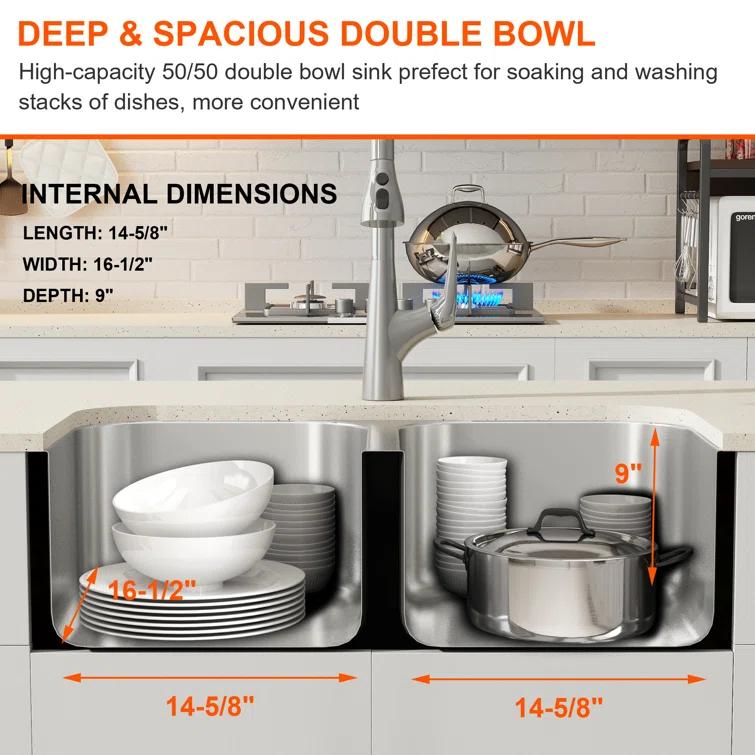 Blenzia 32 Inch Double Bowl Kitchen Sink 50/50 Undermount 304 Stainless Steel 18 Gauge 32" X 18" X 9"