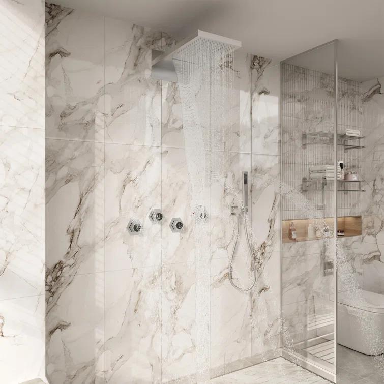 22" Wall-Mount LED Bluetooth Music Thermostatic Rainfall Complete Shower System with Rough in-Valve