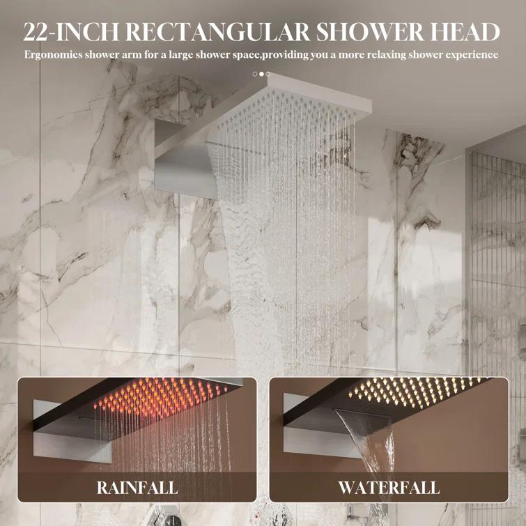 22" Wall-Mount LED Bluetooth Music Thermostatic Rainfall Complete Shower System with Rough in-Valve