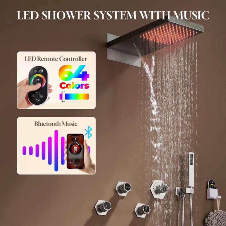 22" Wall-Mount LED Bluetooth Music Thermostatic Rainfall Complete Shower System with Rough in-Valve