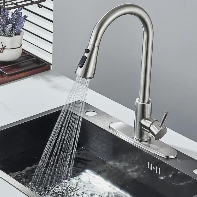 Brushed Nickel Kitchen Sink Faucet with Pull Down Sprayer Single Handle Single Hole Mixer Tap