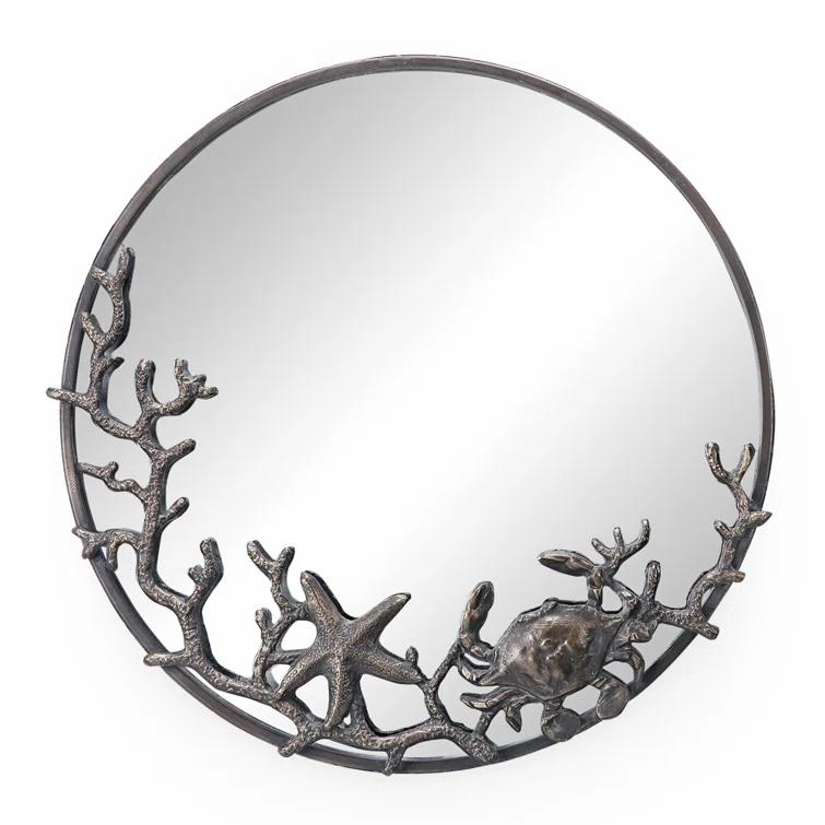 SPI Home Starfish and Crab Wall Mirror – 22" Round Cast Iron Frame with Coastal Marine Design, Rustic Bronze Sea Life Decor