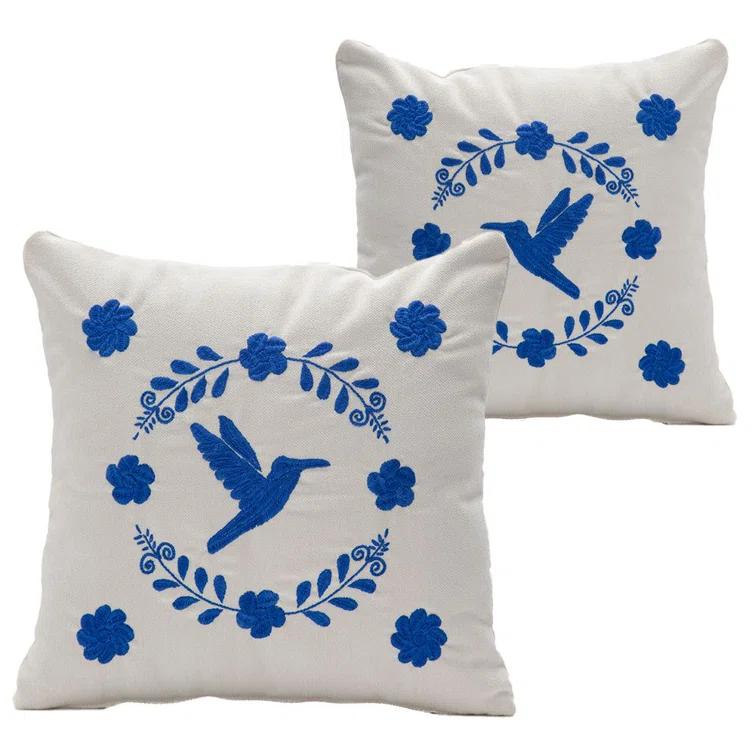 Ivory Velvet Square Embroidered Throw Pillow Set with Blue Floral Design