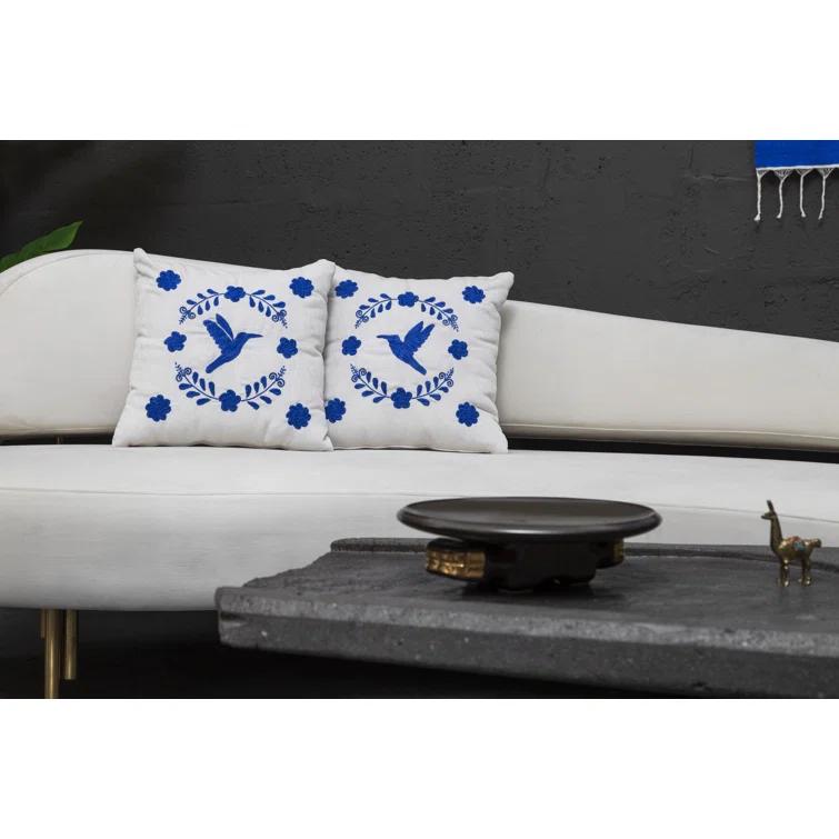 Ivory Velvet Square Embroidered Throw Pillow Set with Blue Floral Design