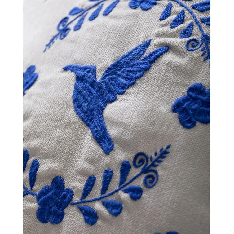 Ivory Velvet Square Embroidered Throw Pillow Set with Blue Floral Design