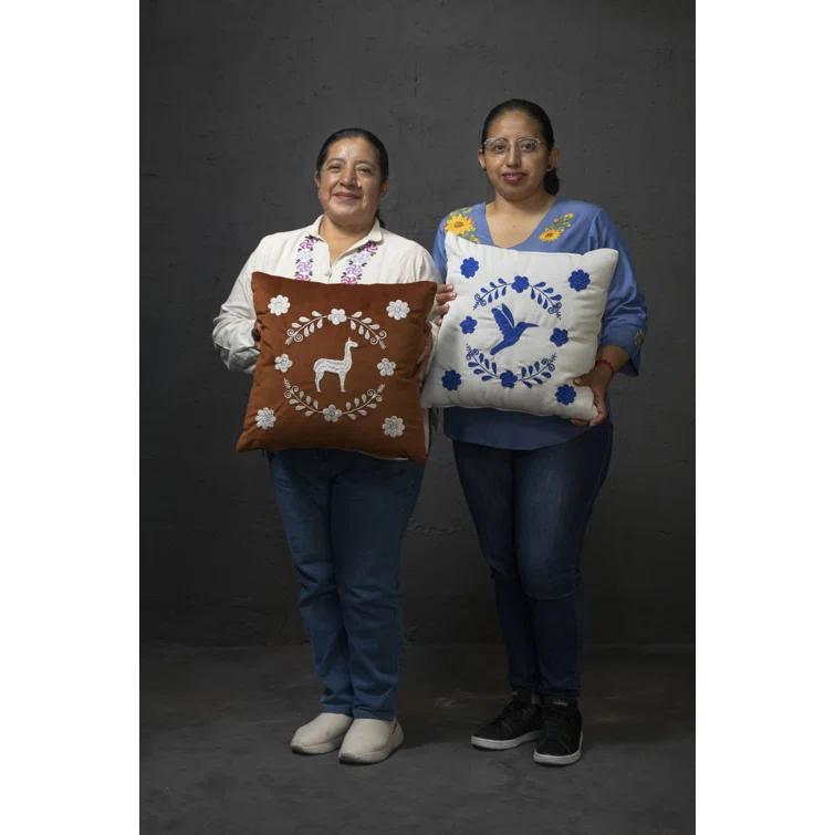 Ivory Velvet Square Embroidered Throw Pillow Set with Blue Floral Design